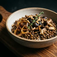 Arroz com Lentilha, Cogumelos e Ghee Negro, Flor de Laranjeira