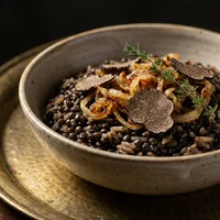 Arroz com Lentilha Beluga e Trufa, Cedro e Sumagre