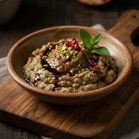 Babaganuche com Melado de Romã e Pistache, Flor de Laranjeira