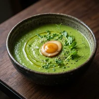 Caldo de Ervilha com Ovo de Codorna Curado, Atelier Velouté