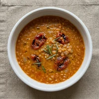 Caldo de Lentilha com Tomate Assado, Verde Caldo