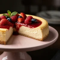 Cheesecake de Baunilha com Frutas Vermelhas, Amêndoa Amarga