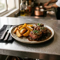 Filé com Fritas Rústicas e Molho Madeira, Marmitaria Ponto do Chef