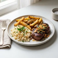 Filé com Fritas e Alho Torrado, Marmitaria Tutu e Angu