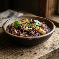 Galinhada de Arroz Negro com Pupunha, Fogo e Farinha