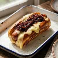 Dog de Camembert e Cebola Caramelizada, Chapa de Cobre