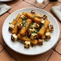 Polenta Frita com Queijo Coalho, Raiz e Panela