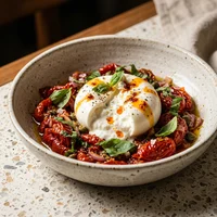 Salada de Tomates Fermentados com Burrata, Clorofila