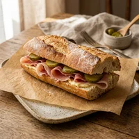 Sanduíche de Presunto Cru na Baguete, Padaria Manteiga & Folha