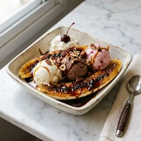 Banana Split com Caramelo Queimado, Neve Instantânea