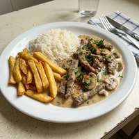 Strogonoff de Carne com Fritas, Brasa e Marmita