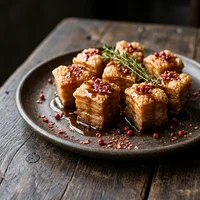 Torresmo de Barriga com Melado e Pimenta Rosa, Fogo e Farinha
